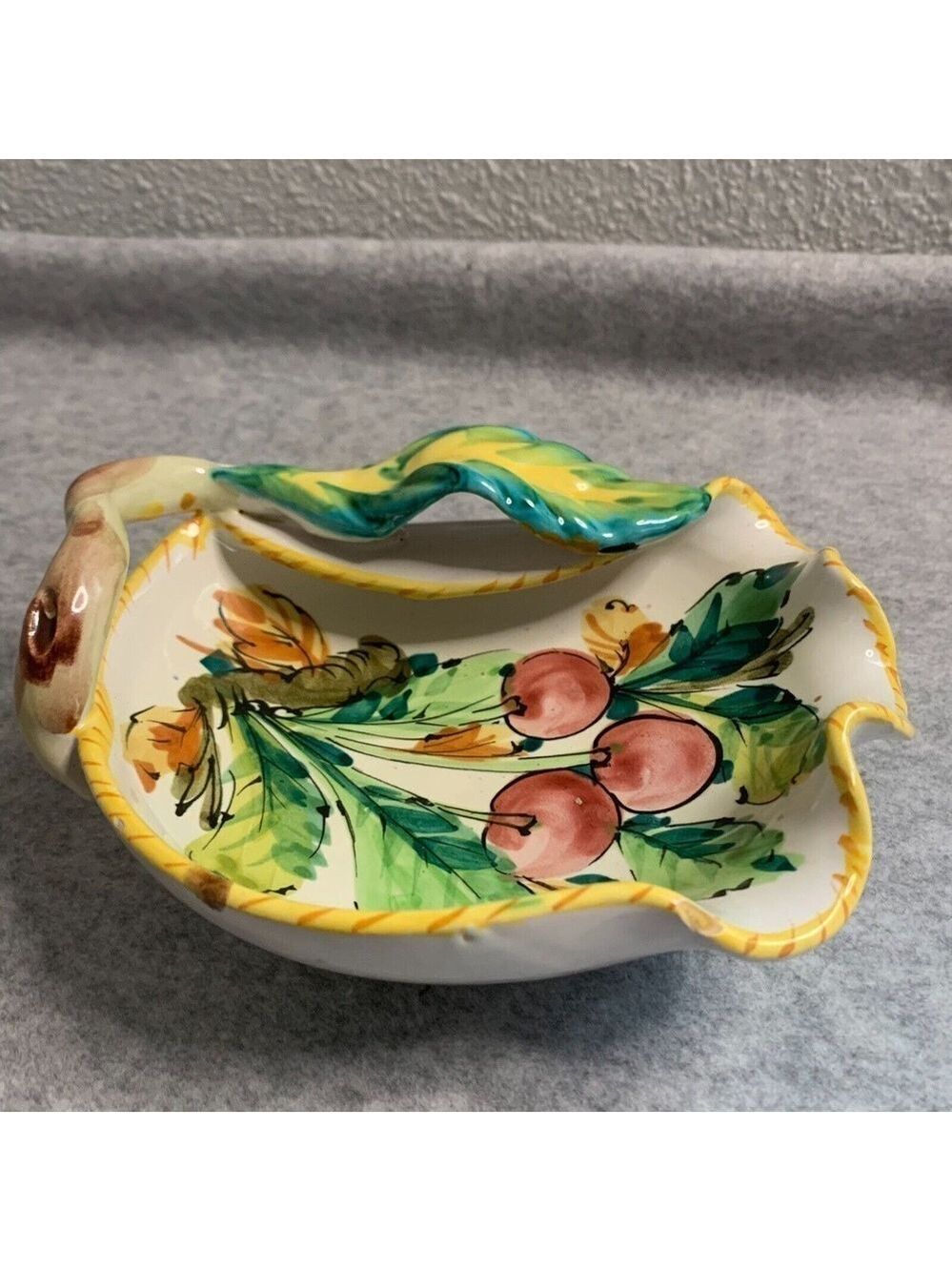 Vintage Handpainted Italy Leaf Trinket Dish Small Chip 7x5.5”